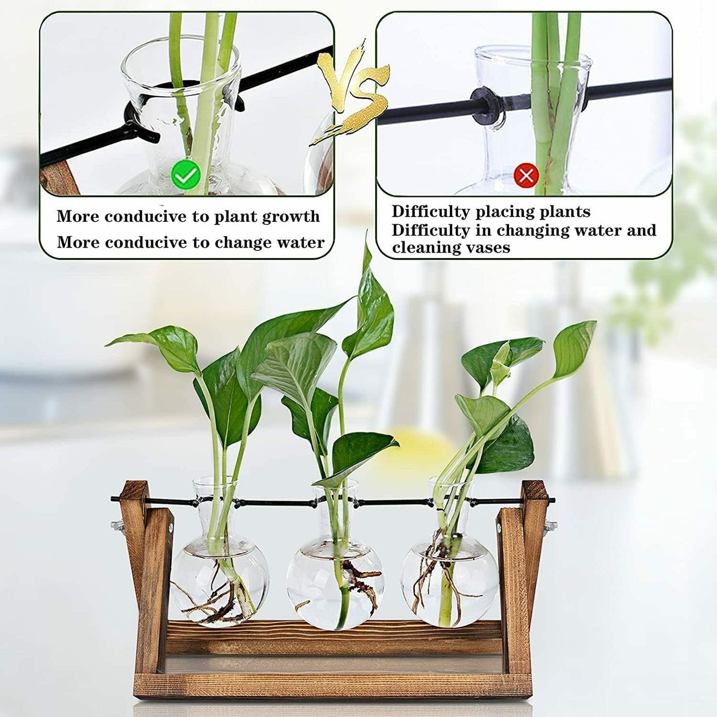 3 Bulb Kingbuy Desktop Glass Planter Iron and Wooden Stand Plant Terrariums for Indoor Office Desk Decor Accessories
