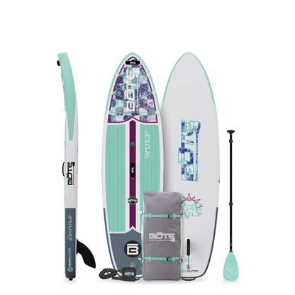 BOTE Wulf Aero Inflatable Stand Up Paddle Board Kit Includes Accessories Adjustable Paddle iSUP Travel Bag Blow Up Pump Safety SUP Coiled Leash Multiple Sizes