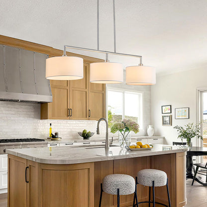 47" Linear Kitchen Island Lighting 3-Light Brushed Nickel Chandelier with White Fabric Drum Shade Adjustable Hanging Pendant Light for Dining Room Light Fixtures Over Table,Kitchen,Bar,Living Room,E26