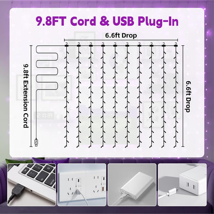 200LED 6.6x6.6ft 8 Curtain Light for Bedroom, Purple Window Wall Hanging Fairy Curtain String Light, Modes Remote Fairy