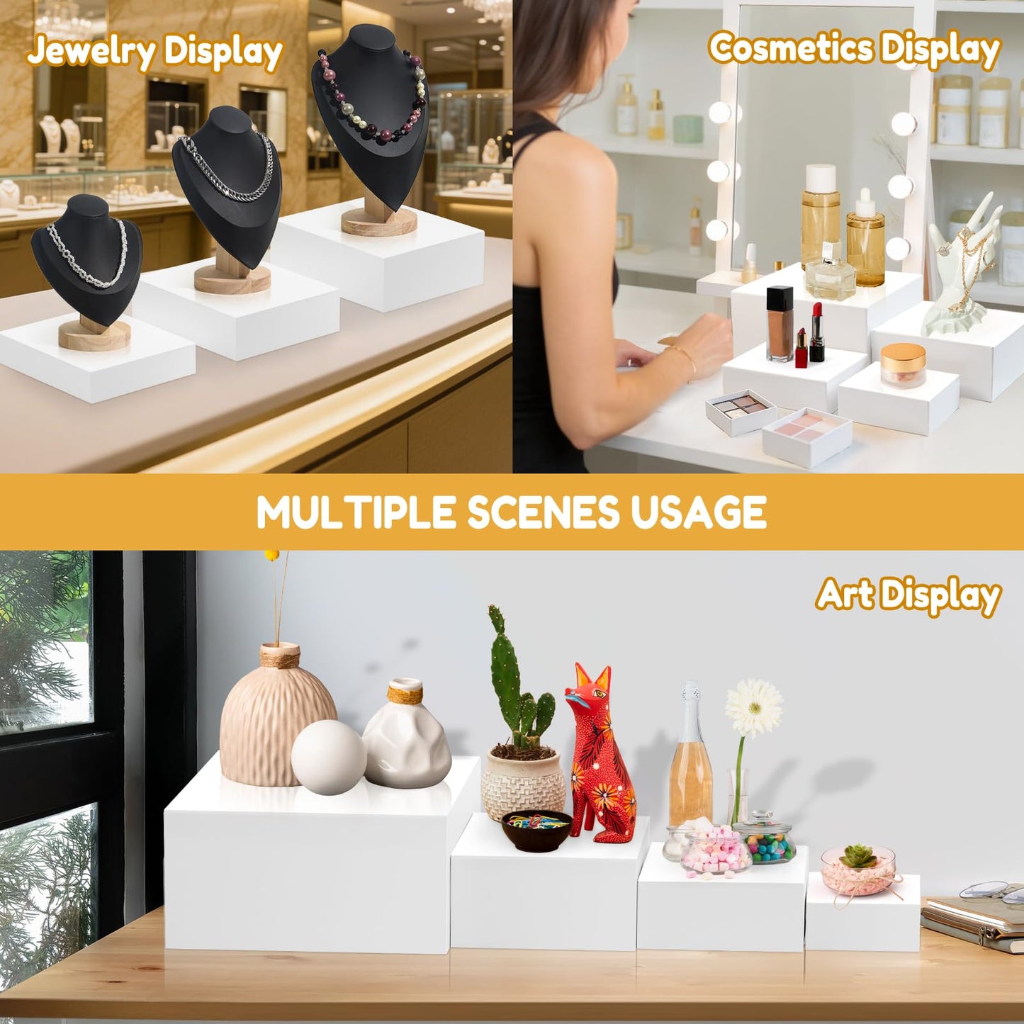 10 Pcs Large Acrylic Buffet Risers, White Food Display Stands for Buffet, Dessert Table, Jewelry, and Catering, Stackable Food Risers with Hollow Bottoms, Nesting Cube Box (12"-11"-10"-9"-8"-7"-6"-5")