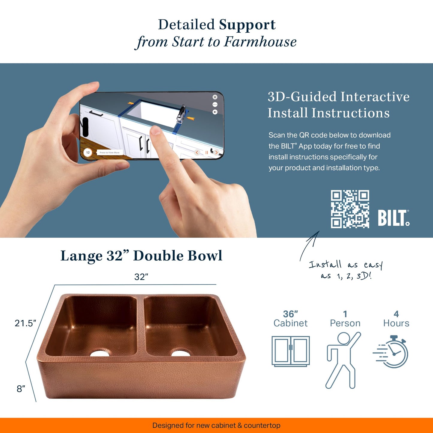 Sinkology Lange 32 Inch Farmhouse Copper Sink - Handcrafted Hand-Hammered Solid Pure Copper Double Bowl Apron Front Farm Sink for Kitchen Remodel - Fits 36-Inch Cabinet - Sinkology Everyday Promise
