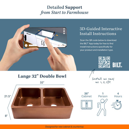 Sinkology Lange 32 Inch Farmhouse Copper Sink - Handcrafted Hand-Hammered Solid Pure Copper Double Bowl Apron Front Farm Sink for Kitchen Remodel - Fits 36-Inch Cabinet - Sinkology Everyday Promise
