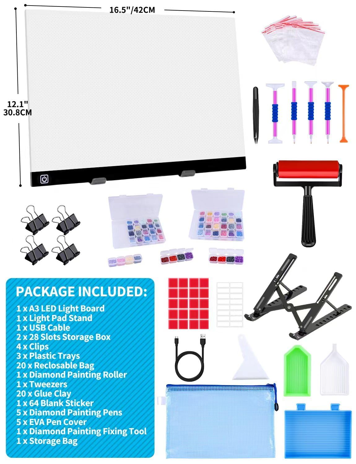 A3 LED Light Pad for Diamond Painting,Ratukall Diamond Art Light Board Kit,Adjustable Brightness Light Box for Tracing with Diamond Painting Accessories and Tools Includes Storage Case, Pens,Stand