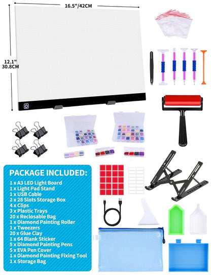 A3 LED Light Pad for Diamond Painting,Ratukall Diamond Art Light Board Kit,Adjustable Brightness Light Box for Tracing with Diamond Painting Accessories and Tools Includes Storage Case, Pens,Stand