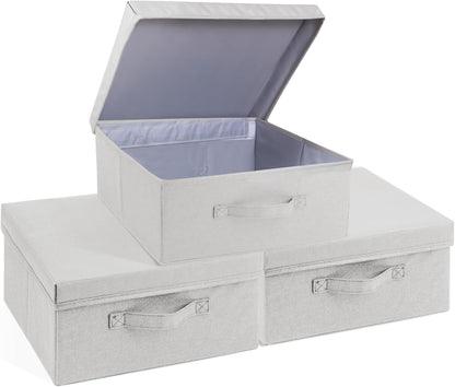 Set of 3 Light Grey Collapsible Storage Bins with Lid, Stylish Closet Organizers for DVD Storage (14.2" L x 12.6" W x