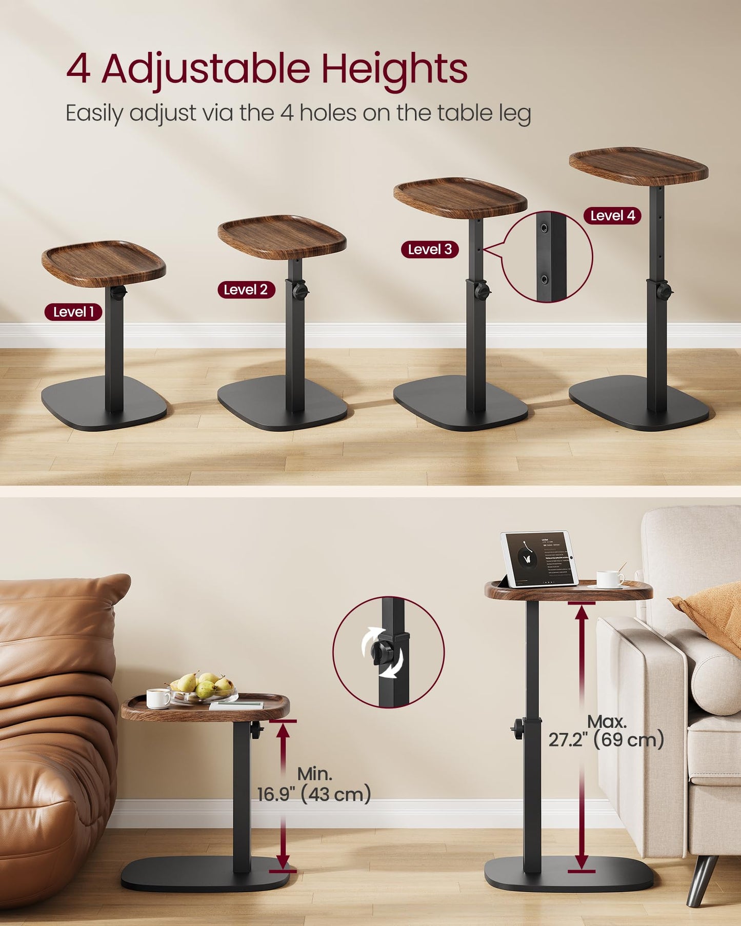 VASAGLE C Side Table Adjustable Height, Couch Sofa Table, End Table, TV Tray for Small Spaces, 11.8 x 15.7 x 27.2 Inches, for Living Room, Bedroom, Walnut Brown and Ink Black ULET363M101