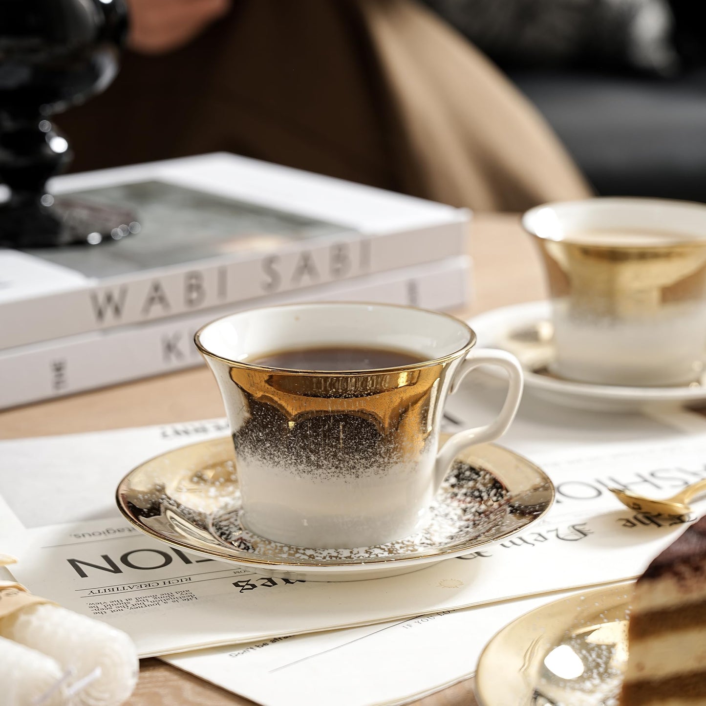 Andaliz Tea Cups and Saucers Set of 2 with Gold Spoon, Ceramic Coffee Cups with Matching Plates, Handcrafted Gold & Silver Glaze, Luxury Cup & Saucer Gift Set with Box, 5oz