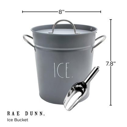 Rae Dunn Ice Bucket with Scoop - Stainless Steel Bucket with Handle, Lid and Ice Scooper - 4 Qt. Storage Bin for Ice Cubes for Bars, Parties, Backyard Barbeques, Picnics, and Camping (Grey)