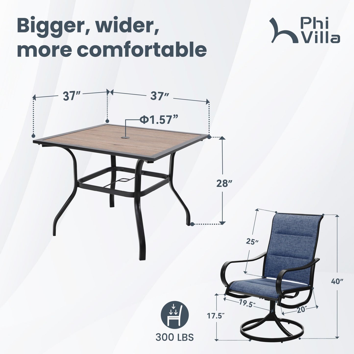 PHI VILLA 5 Piece Outdoor Patio Dining Set with 4 Padded Swivel Dining Chairs & 1 Wood-Look Dining Table, All Weather Blue Chair and Metal Table for Deck Lawn Garden