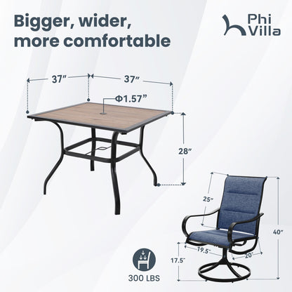 PHI VILLA 5 Piece Outdoor Patio Dining Set with 4 Padded Swivel Dining Chairs & 1 Wood-Look Dining Table, All Weather Blue Chair and Metal Table for Deck Lawn Garden