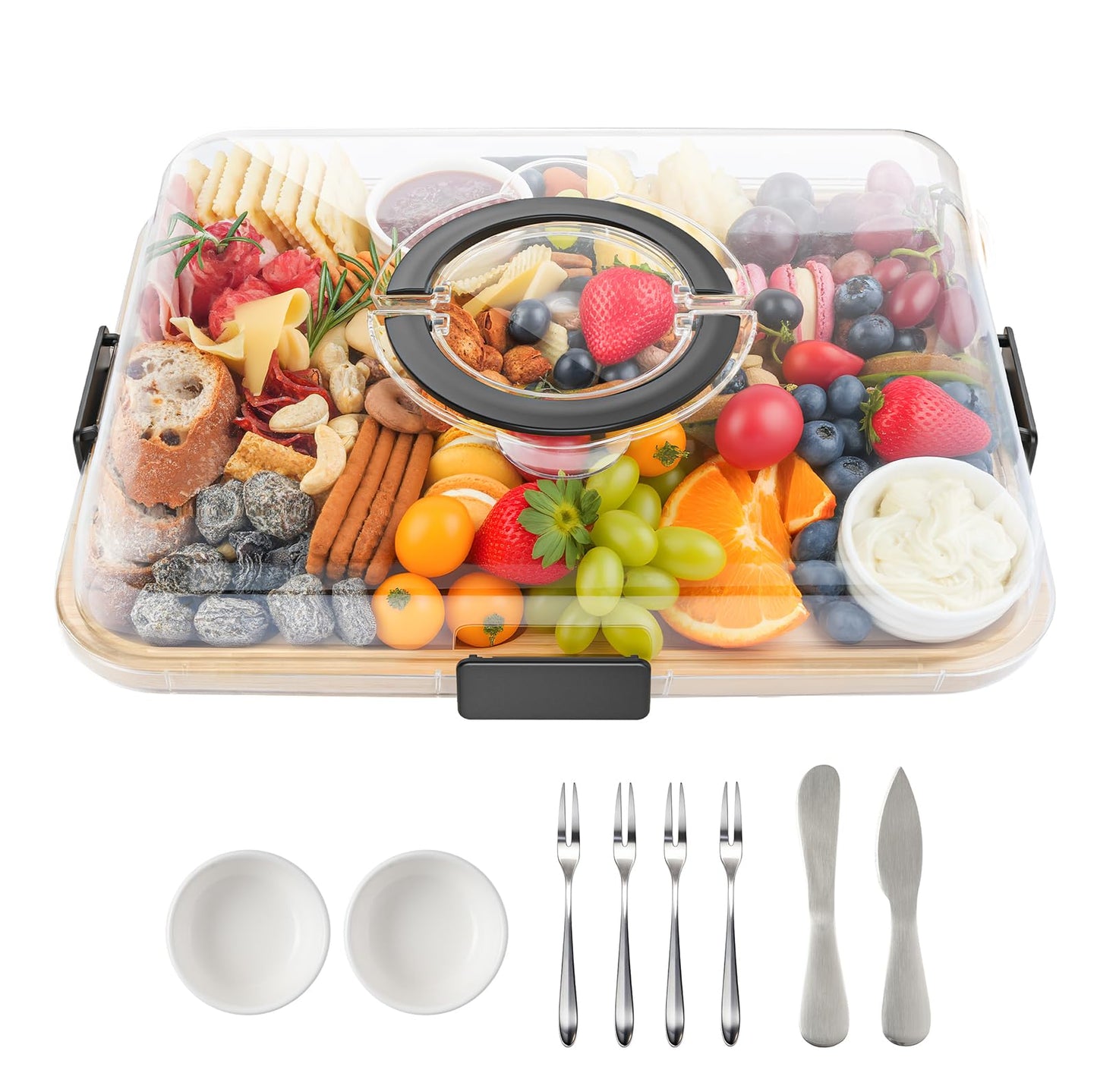 Charcuterie Board with Lid and Handle, Portable Travel Design Bamboo Cheese Board with Knife Set, Meat Fruit Serving Tray Platter, House Warming Gifts New Home, Gifts for Women, 6 Compartments