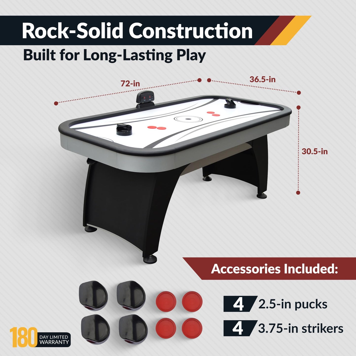 Hathaway Silverstreak 6 Ft Air Hockey Table for Home Game Room - With LED Scoring, High-Output Blower, Scratch-Resistant Surface, Strikers & Pucks - Black Finish