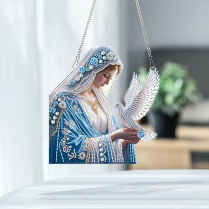 AiYuanzsh Diamond Art Hanging Kit Virgin Mary with Dove, Religious Special Shaped Diamond Painting Suncatcher Ornament for Adults DIY Spiritual Wall Window Pendant Decor