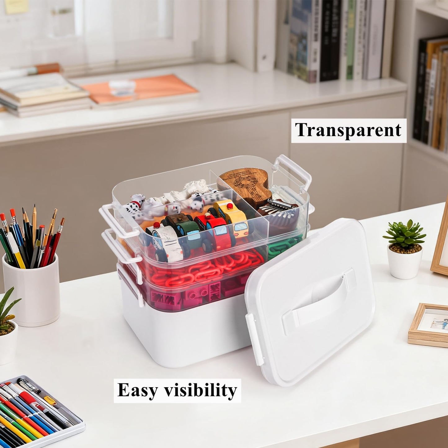 Tebery 4 Tier Plastic Craft Storage Organizer, Clear Stackable Arts Supply Box with Removable Tray, Portable Bead Jewelry Sewing Tool Container Case with Handle, Ideal for Home Studio Travel