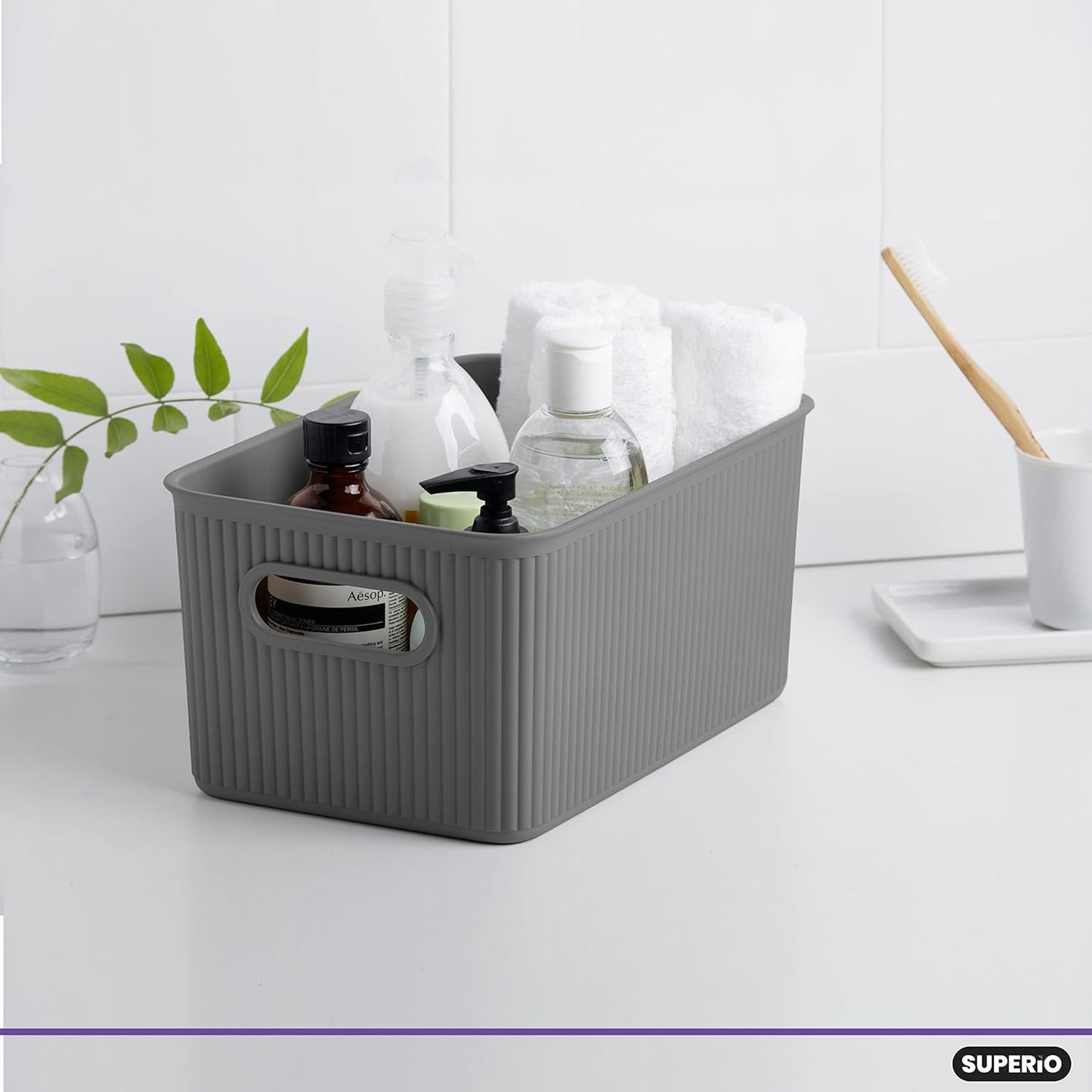 Superio Ribbed Collection Decorative Plastic Open Storage Bins, Medium Grey (2 Pack) for Organizing Closet and Shelves