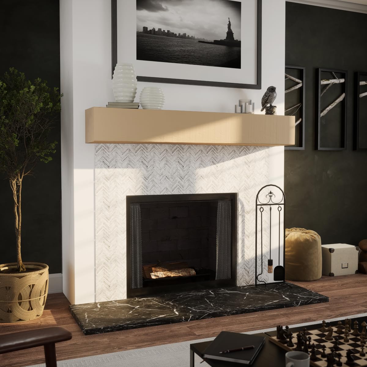 Ekena Millwork 10"H x 8"D x 66"W Rustic Sawn Heritage Timber Faux Wood Fireplace Mantel, Oatmeal
