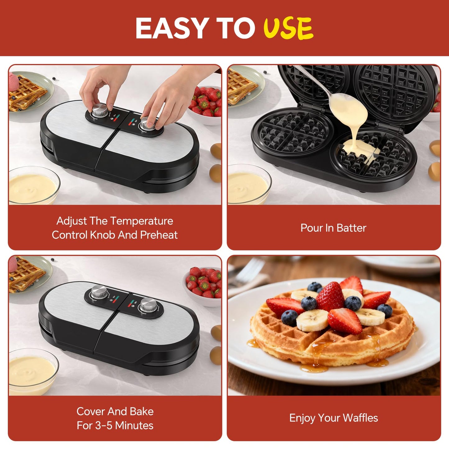 Double Waffle Maker, Belgian Waffle Maker, 6.5 Inch Waffle Iron with 2 Independent Adjustable Temp Knobs & Indicator Lights, Easy-Clean Nonstick Plates, Stainless Steel, Black