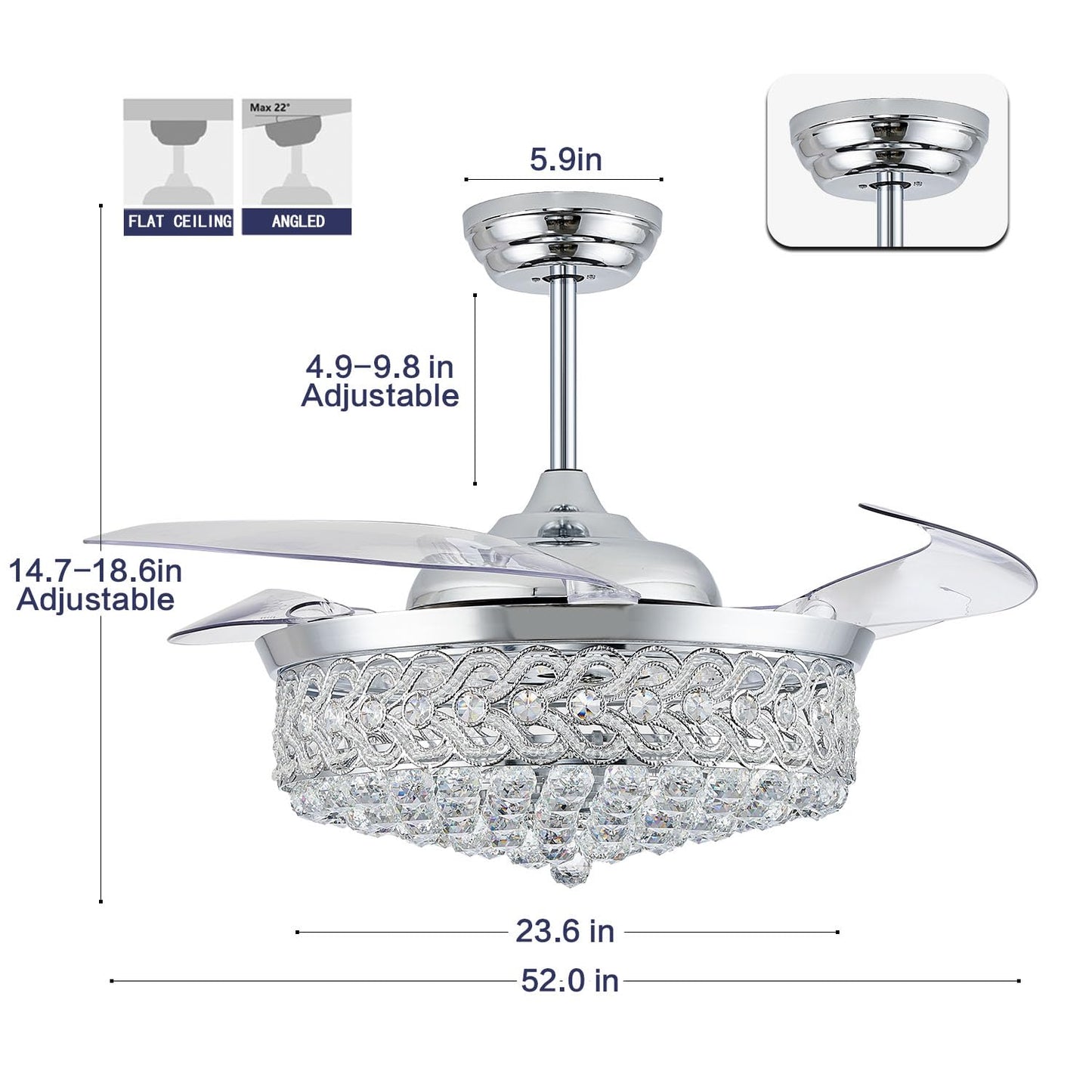 PAFRUMGE 52" Crystal Ceiling Fan with Light and Remote，Dimmable Fandelier with Invisible Retractable Blades, Modern Chandelier Ceiling Fans with Lights for Bedroom Living Room 6 Speed Chrome