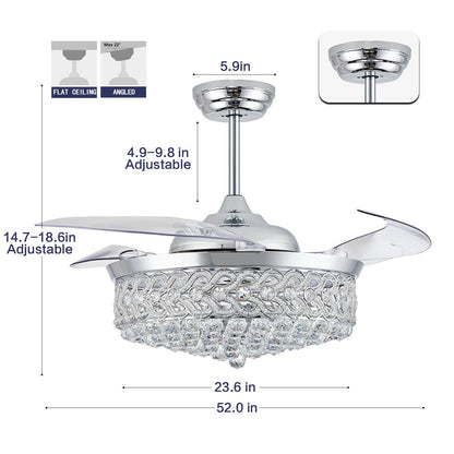 PAFRUMGE 52" Crystal Ceiling Fan with Light and Remote，Dimmable Fandelier with Invisible Retractable Blades, Modern Chandelier Ceiling Fans with Lights for Bedroom Living Room 6 Speed Chrome