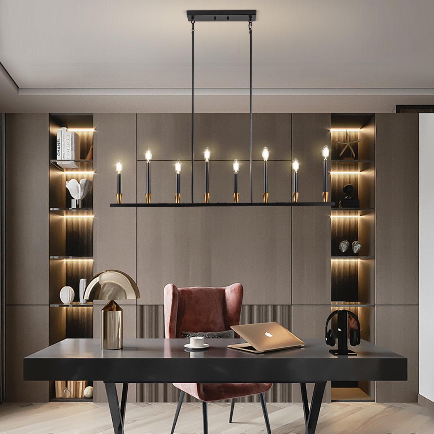 Knwjmv Black Linear Chandelier Candle Dining Room Light Fixture Long 46 Inch Island Chandeliers Black and Gold Linear Pendant Lighting Over Dining Table Kitchen Island