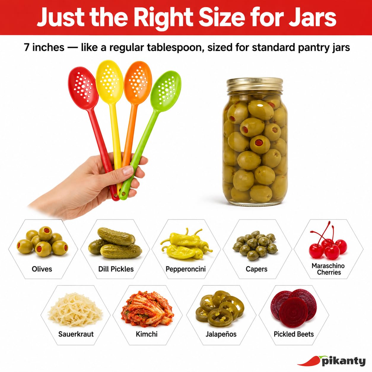 Olive and Pickle Spoon Set of 4, 7-Inch Small Slotted Serving Utensils for Jars, Perfect for Olives, Pickles, Capers, Pickled Beets, Pepperoncini, Cherries, Dishwasher Safe, Made in USA by Pikanty