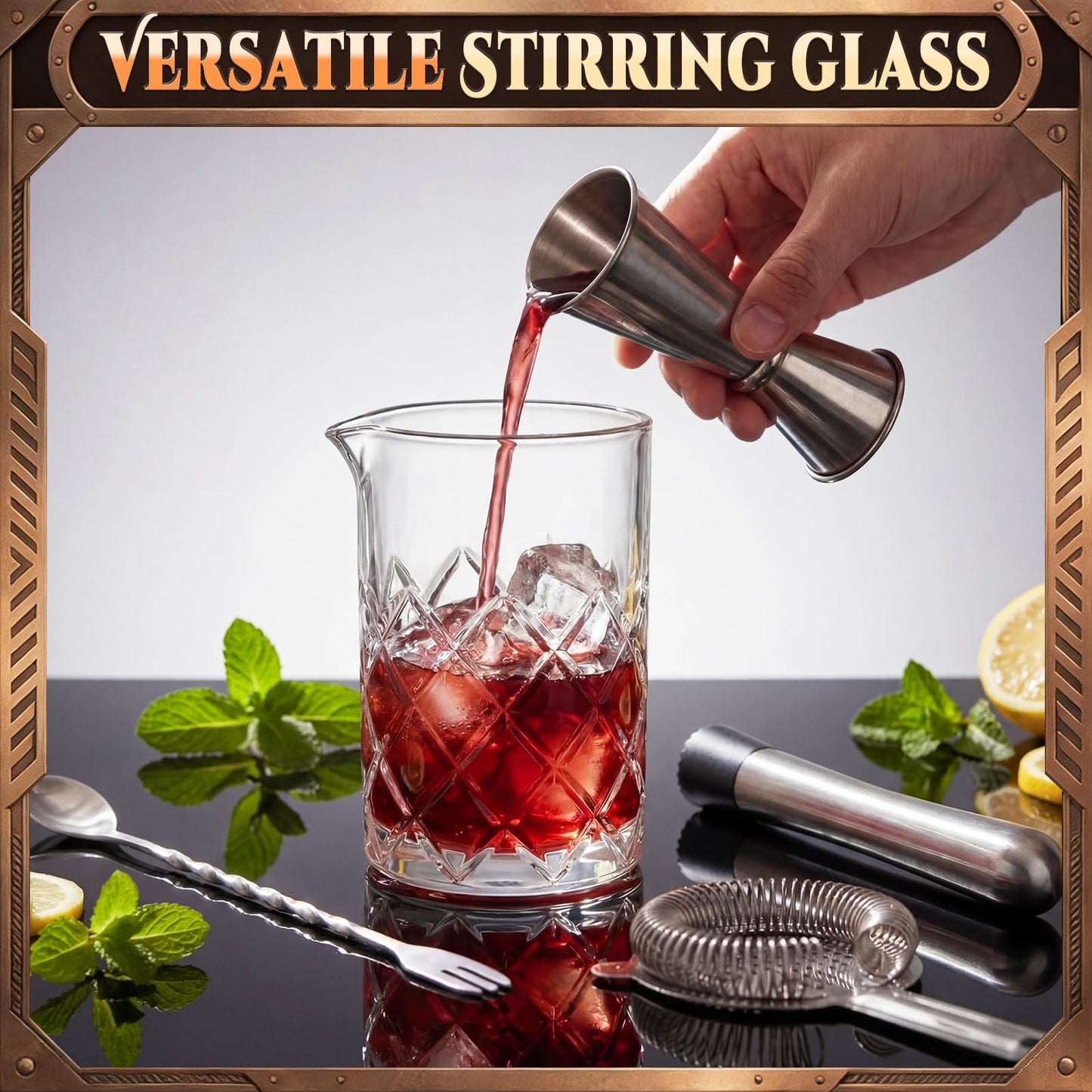 Zhehao 5 Pieces Cocktail Mixing Glass Set, Bar Cocktail Mixing Kits for Bartender 23oz Crystal Thick Bottom Glass with Muddler, Jigger, Strainer and Spoon Gifts for Men Amateurs Home & Party Supplies
