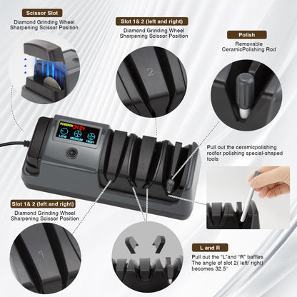 Ceelpeopar Professional 3-Stage Electric Knife Sharpener for Kitchen Knives, LCD Screen, 100% Diamond Abrasive, Adjustable Rotational Speed, Precision Angle Guides for All Kitchen Knives