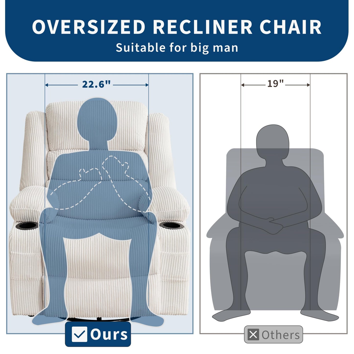 Rocking Recliner Chair for Adults Corduroy Wide Upholstered Glider Recliner with Cup Holder Deep Seat Single Sofa Rocker Chair for Nursery Living Room