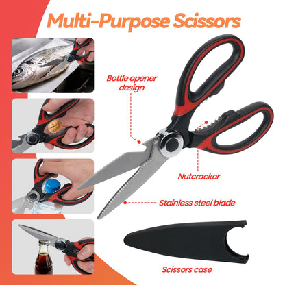 RAWILL Fish Cleaning Kit 7pcs with Fillet Knife for Fish, Cut-Resistant Gloves, Fishing Scale Brush, Fishbone Twaeezers, Multi-Purpose Scissors, Knife Sharpening Stone with Storage Bag