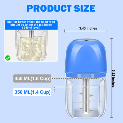 Electric Garlic Chopper, 450ML (1.8 Cup) Blue Mini Food Processor, Mini Chopper, Small Garlic Grinder Mincer for Onion, Ginger, Chili, Fruit, Meat