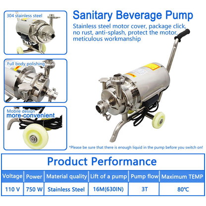 INTBUYING Food Grade Centrifugal Pump 304 Stainless Steel 3T Sanitary Beverage Pump Transfer for Liquid Mobile 110V/0.75KW