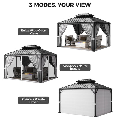IRONCK 16'x12' Hardtop Gazebo, Update Aluminum Frame Gazebo with Galvanized Steel Double Roof, Outdoor Pergola with Curtain and Net, Backyard Canopy for Garden, Deck, Gray and Black
