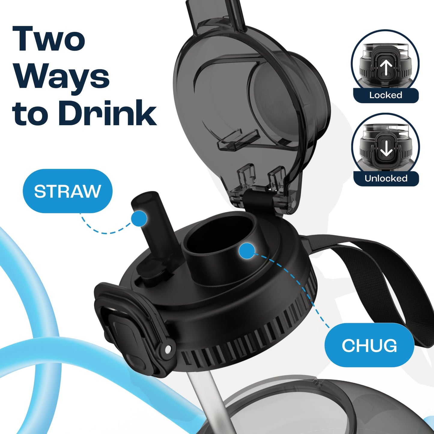 AQUAFIT Half Gallon Water Bottle with Time Marker - Straw & Chug Lid - BPA Free Gym Water Bottle with Straw - Big Gallon Jug (Gray, 64 oz - 2in1 Lid)