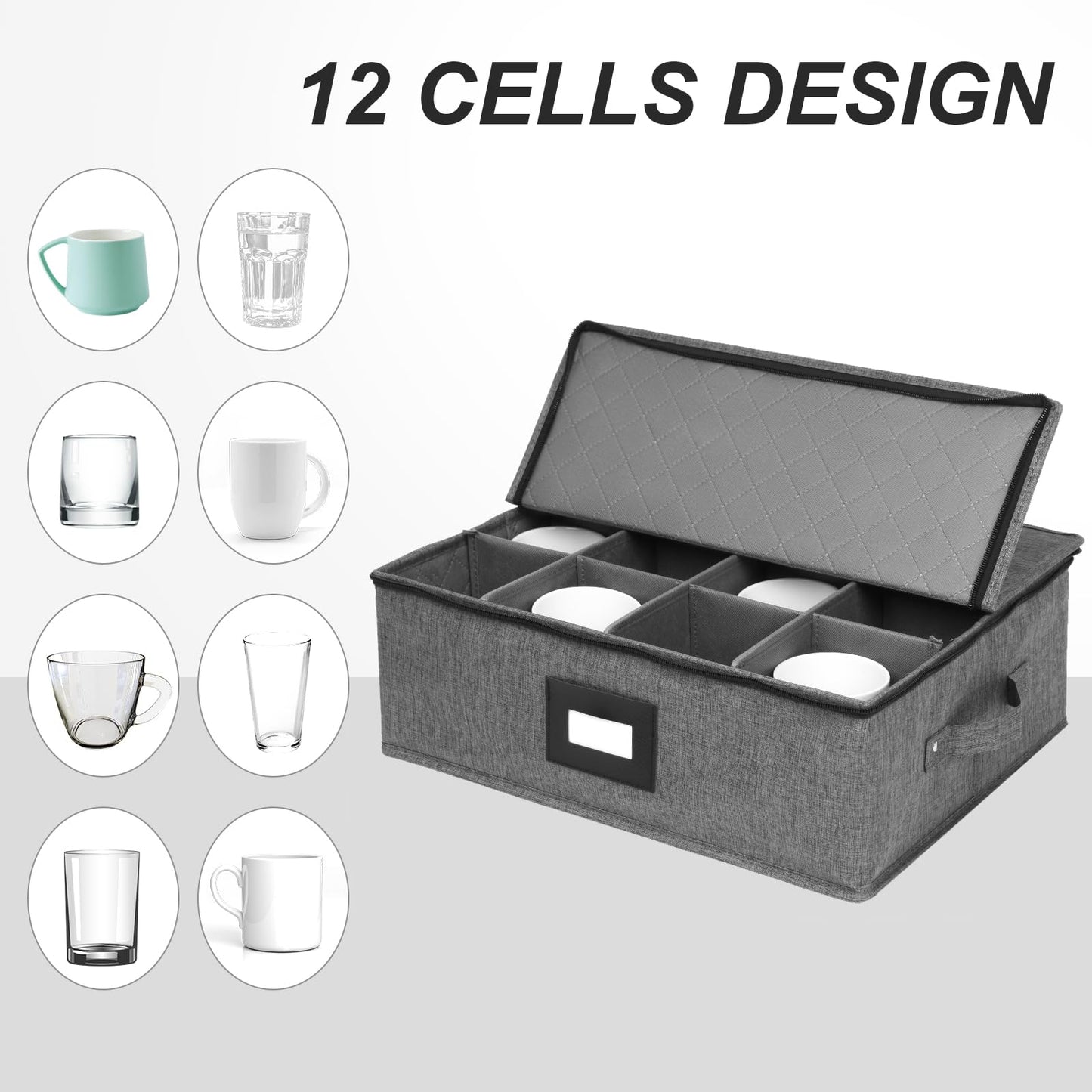 Mayniu 2 Pack Mug Storage Box with Dividers, Hard Top Cup Storage Containers for Coffee Mug & Tea Cup, Stackable Coffee Mug Storage Organizer with Zipper Lid & Rivet Reinforced Handles – Black