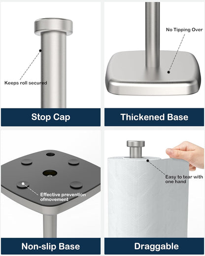 Paper Towel Holder Countertop, Standing Weighted Base Non-Slip Dispenser for Most Size Paper Rolls, Stainless Steel