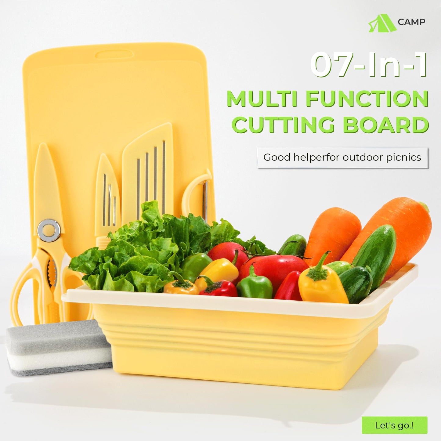 Camping Cutting Board Set - 7-in-1 Portable Foldable Chopping Board with Knife, Vegetable Washing Basket, Kitchen Essentials for Camping, RV, Picnic, Travel & Outdoor Cooking