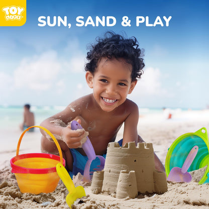 TOY Life 9 Pack Sand Buckets Toys Set with 3 Collapsible Beach Buckets 3 Shovels and 3 Rakes, Toddlers Beach Toys for Kids Ages 4-8 for Camping, Traveling, Fishing, Outdoor Summer Parties