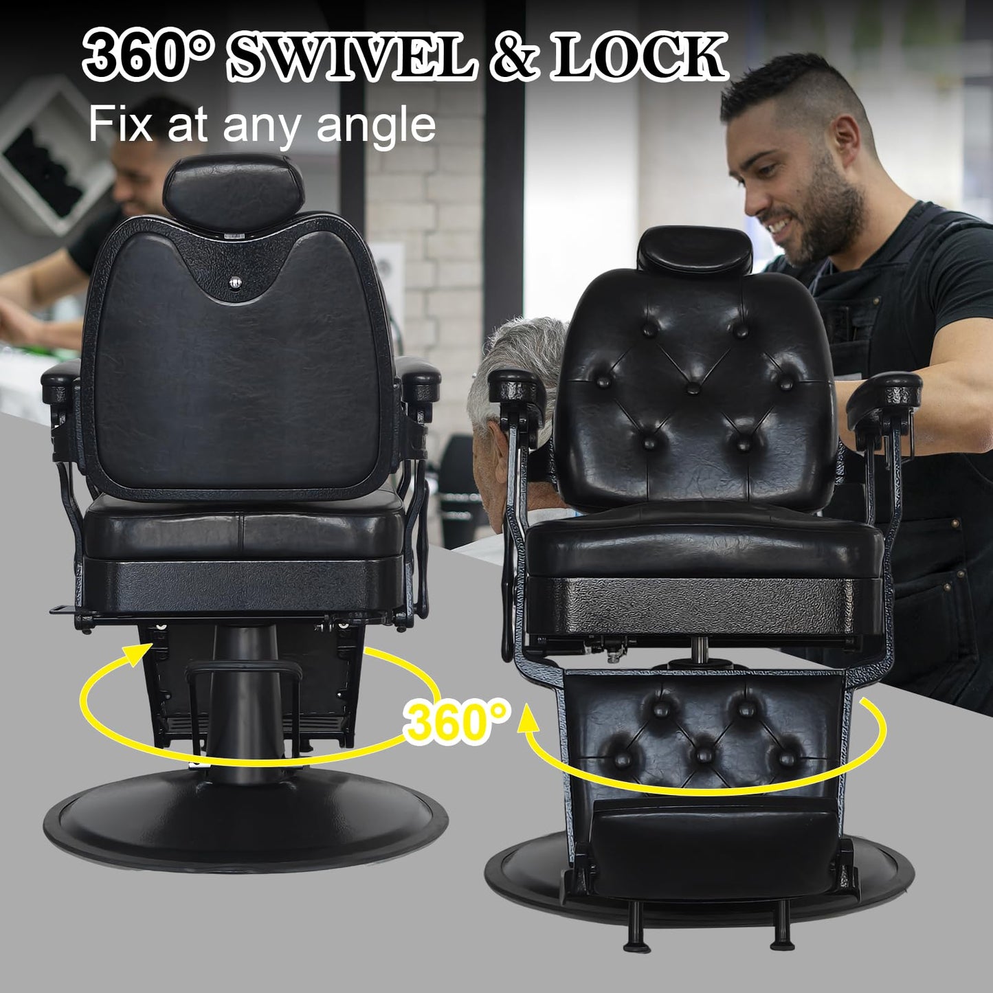 WINEDYOUNG Heavy Duty Vintage Recline Barber Chair All Purpose Reclining Salon Chair Hydraulic with Headrest, 360° Rotatable Barber Chair, Professional Salon Beauty Spa Shampoo Equipment