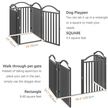 BHG Metal No-Assembly Freestanding Dog Gate with Door Walk Through, Extra Wide 96", Extra Tall 32" Pet Gate, Accordion Puppy Folding Playpen Dog Fence for Indoor & Outdoor, with 2PCS Support - Black