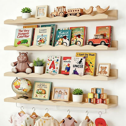 24 Inch Set 4, Fixwal Nursery Shelves, Floating Bookshelves for Wall of Scalloped Wall Book Shelves with Towel Rack