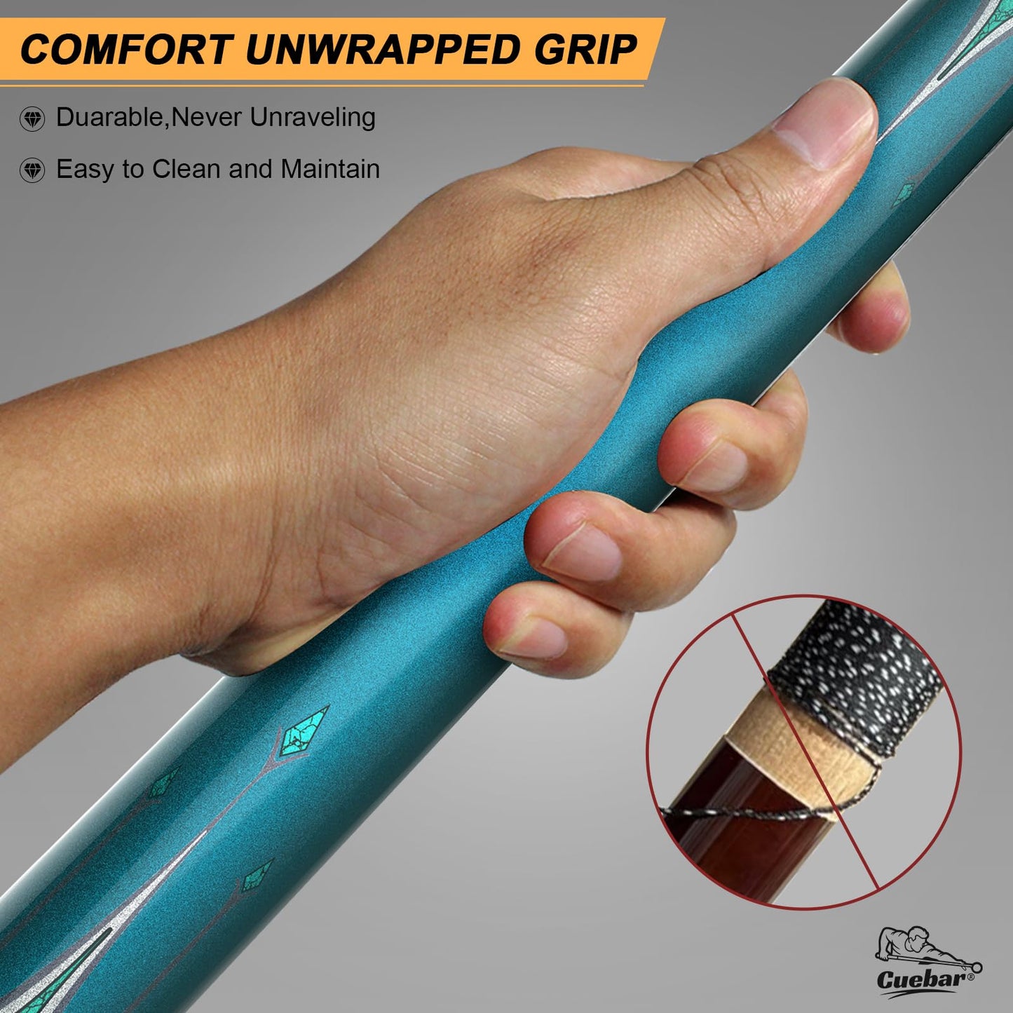 CUEBAR Pool Cue Stick 58 Inch 2-Piece Billiard Cue with Geometric Sword Inlays, Unwrapped Grip, Maple Shaft, 13mm Tip (Teal 19 Oz)