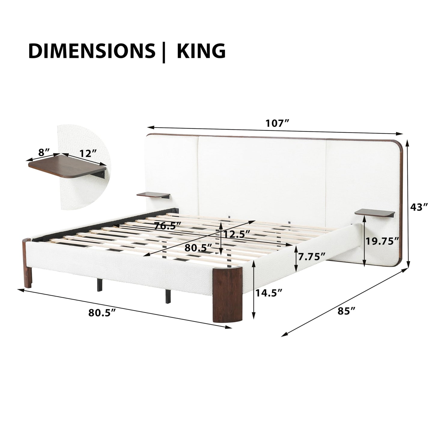 Merax King Size Upholstered Platform Bed Frame with Large Curved Headboard,Built-in Floating Shelves,Wood Slats and Metal Support for Bedroom,Noise-Free