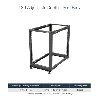 StarTech 18U 4-Post Server Rack, 19in Open Frame Rack with 40in (101cm) Mounting Depth and 1200lb (544kg) Weight Capacity, Mobile or Floor Mount IT Rack