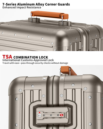 Varyleap All Aluminum Checked in Luggage, Zipperless Aluminum Suitcase, Hard Shell Carry On Luggage with TSA Lock, Spare Wheels for Travel. (Titanium Gold, 24in)