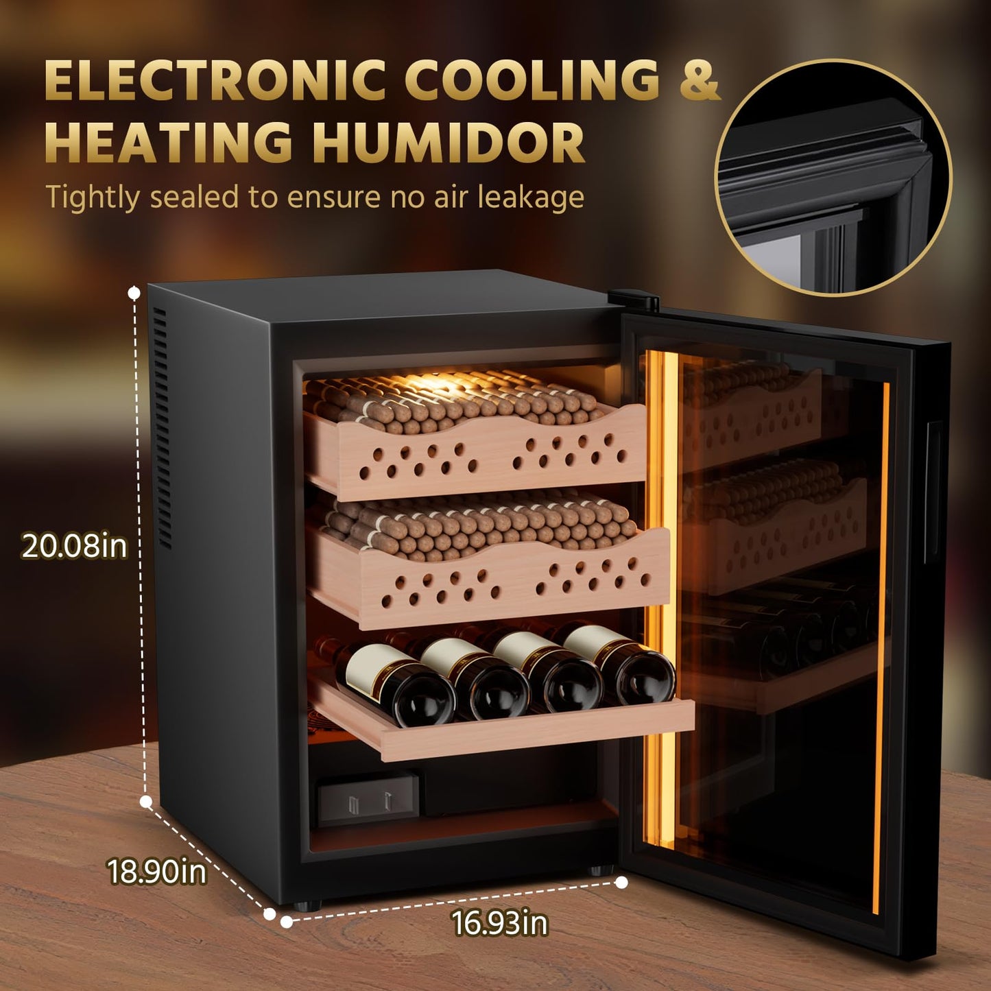 Electric Cigar Humidor 50L with Heating and Cooling Temperature Control and Humidity Control System, Cooler Cabinet Large Capacity for 300 Counts with Spanish Cedar Wood Shelves & Hygrometer