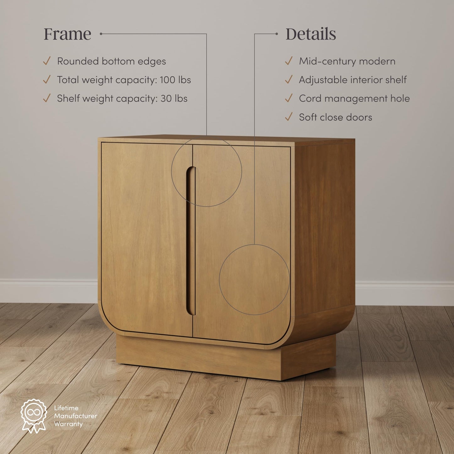 Nathan James Joey Mid Century Modern Storage Cabinet, Arched Accent Cabinet with Rounded Bottom Edges and Integrated Door Pull Cutouts, Light Brown