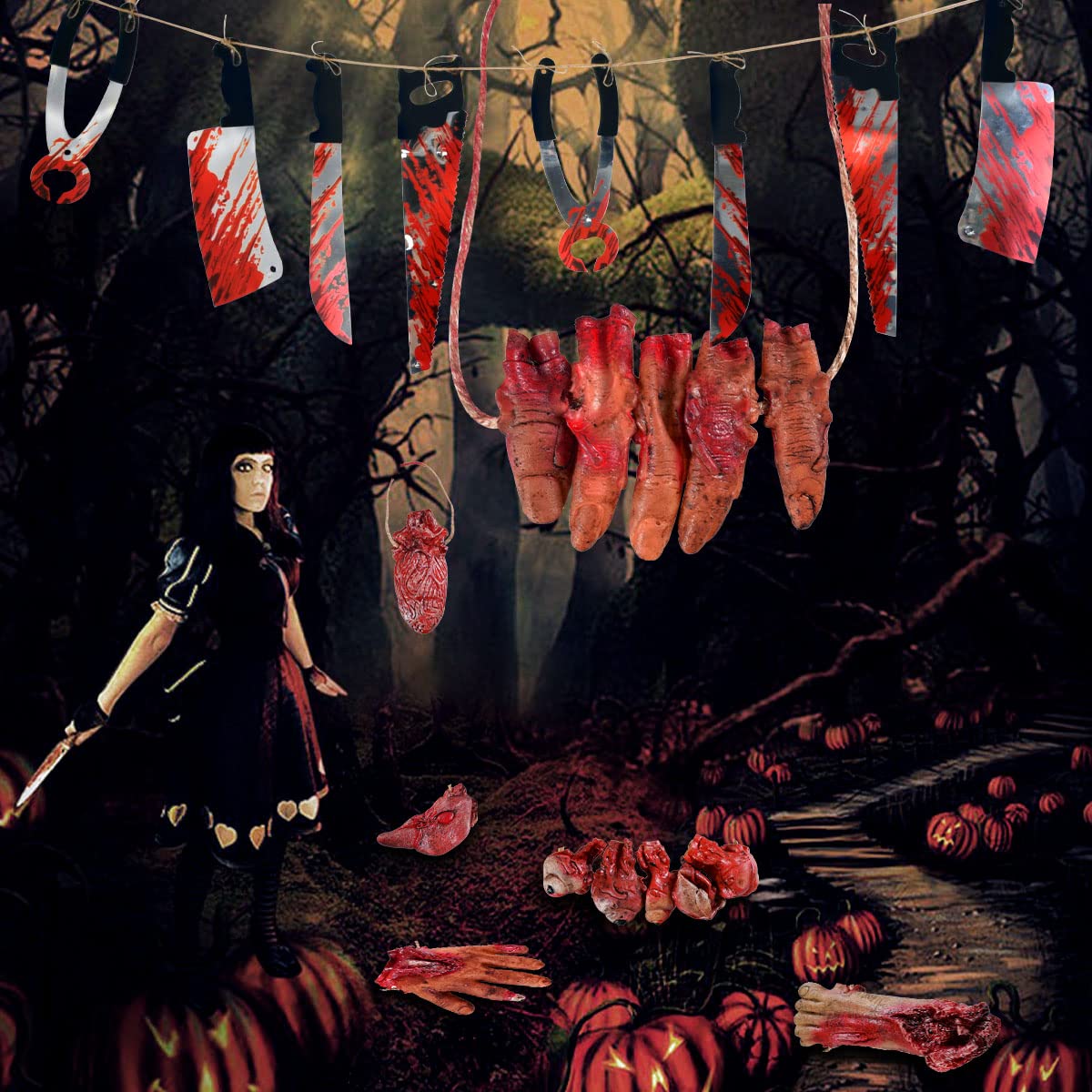 Lansian Halloween Decorations Blood Weapon Garland Banner Props Hanging Scary Fake Severed Hand Broken Body Parts for Haunted House Halloween Vampire Zombie Party Supplies (6pcs Body Parts)