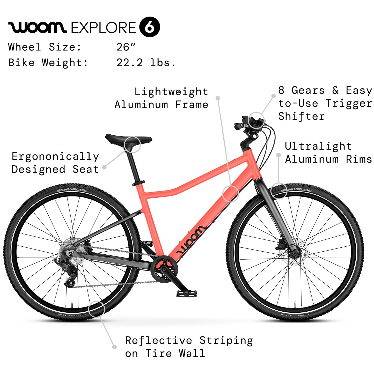 woom Explore 6 Bicycle for Kids & Teens 10 to 14 Years Old, 26-Inch Lightweight 8-Gear Road & Mountain Bike for Boys & Girls - Neon Coral