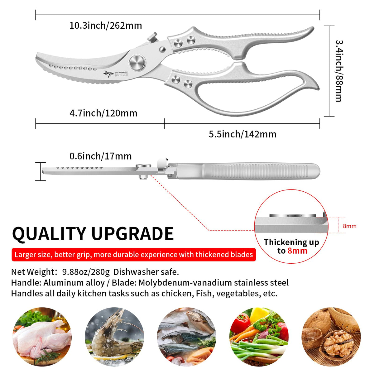 MAD SHARK Heavy Duty Poultry Shears, Kitchen Shears with Non-Slip Handle & Safety Lock, All Purpose Kitchen Scissors for Chicken, Meat Cutting, Turkey, Fish, Vegetables, Spring Loaded, Dishwasher Safe